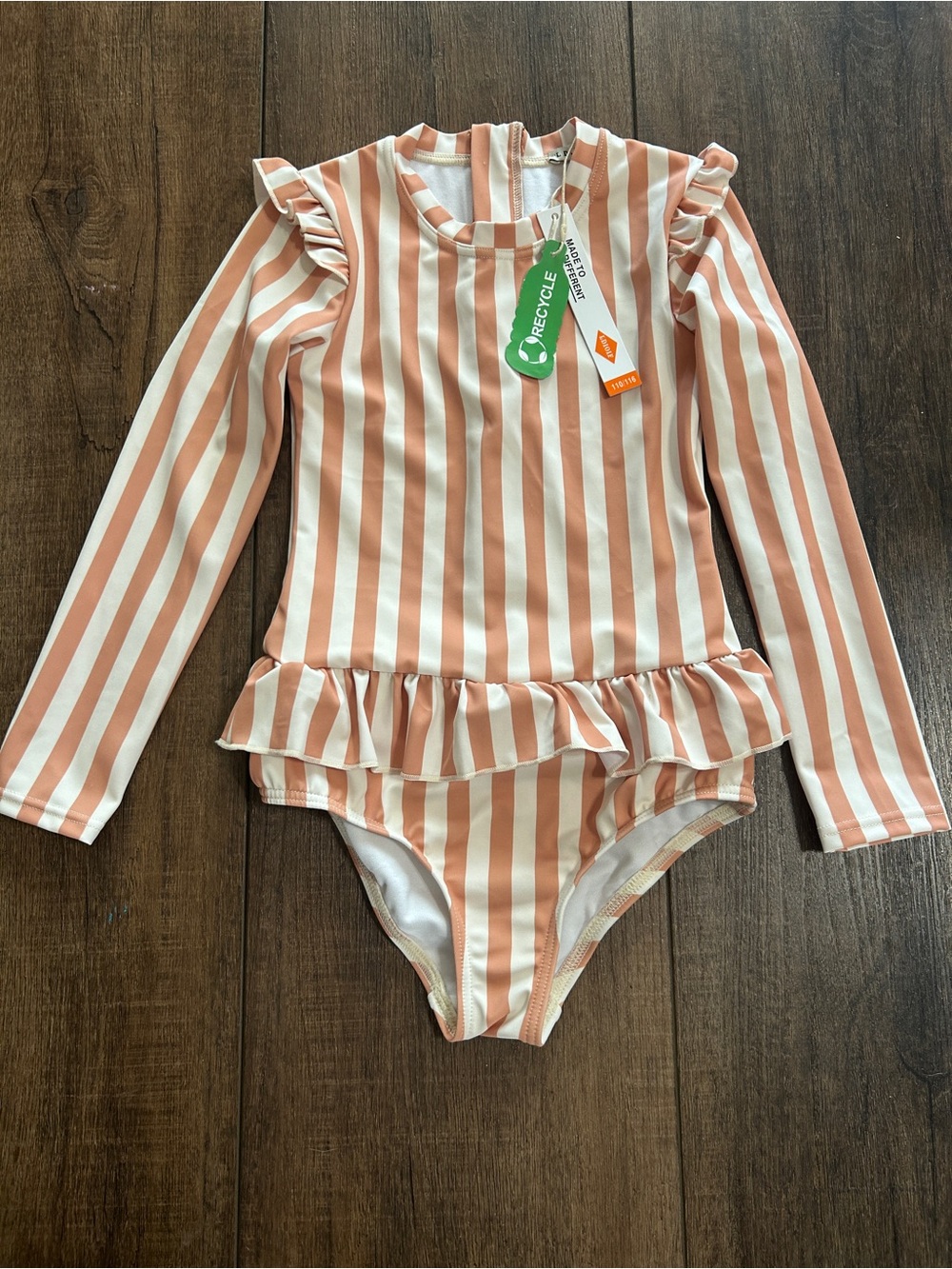 NWT LDIOIF Girls Long Sleeve Ruffle Rash Guard Swimsuit - Stripe 5/6